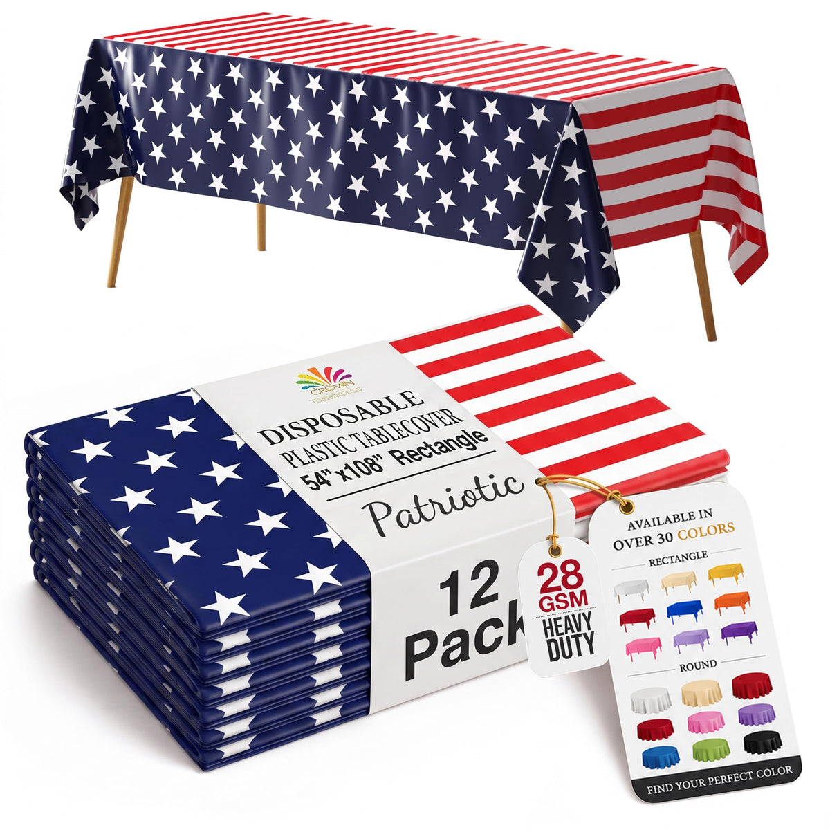 4th of July Plastic Table Cloth Disposable 12 Pack, 54 x 108