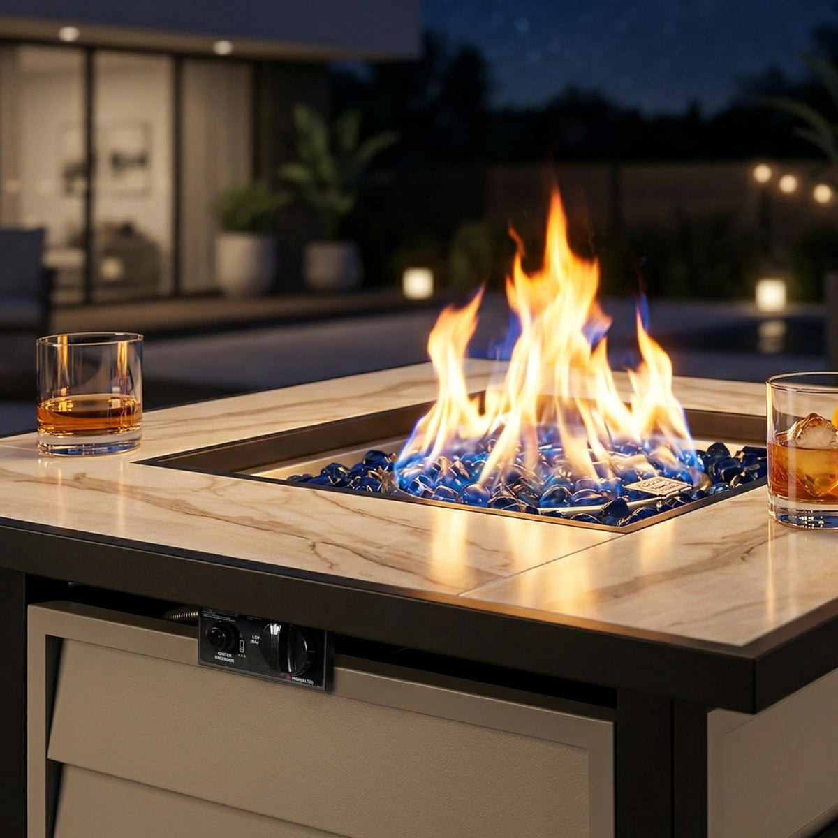 30" Outdoor Propane Fire Pit Table, 50,000 BTU Square Gas Fire Pit with Glass Beads, Lid, Marble Texture Glass