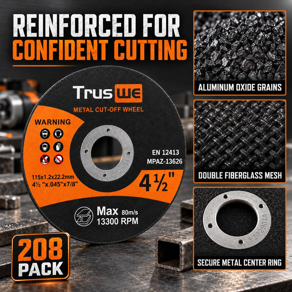 Truswe 208 Pack Cut Off Wheels - 4 1/2 Inch Metal and Stainless Steel Cutting Wheel for Angle Grinder Ultra Thin Cut-Off Wheel Cutting Disc