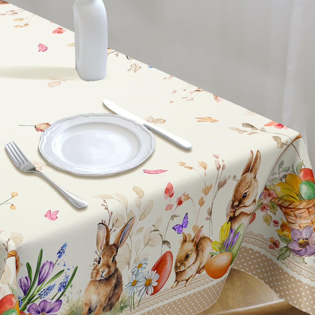 Rectangular Easter Tablecloth 60x120Inch, Spring Floral and Bunny Easter Egg Watercolor Tablecloth, Waterproof
