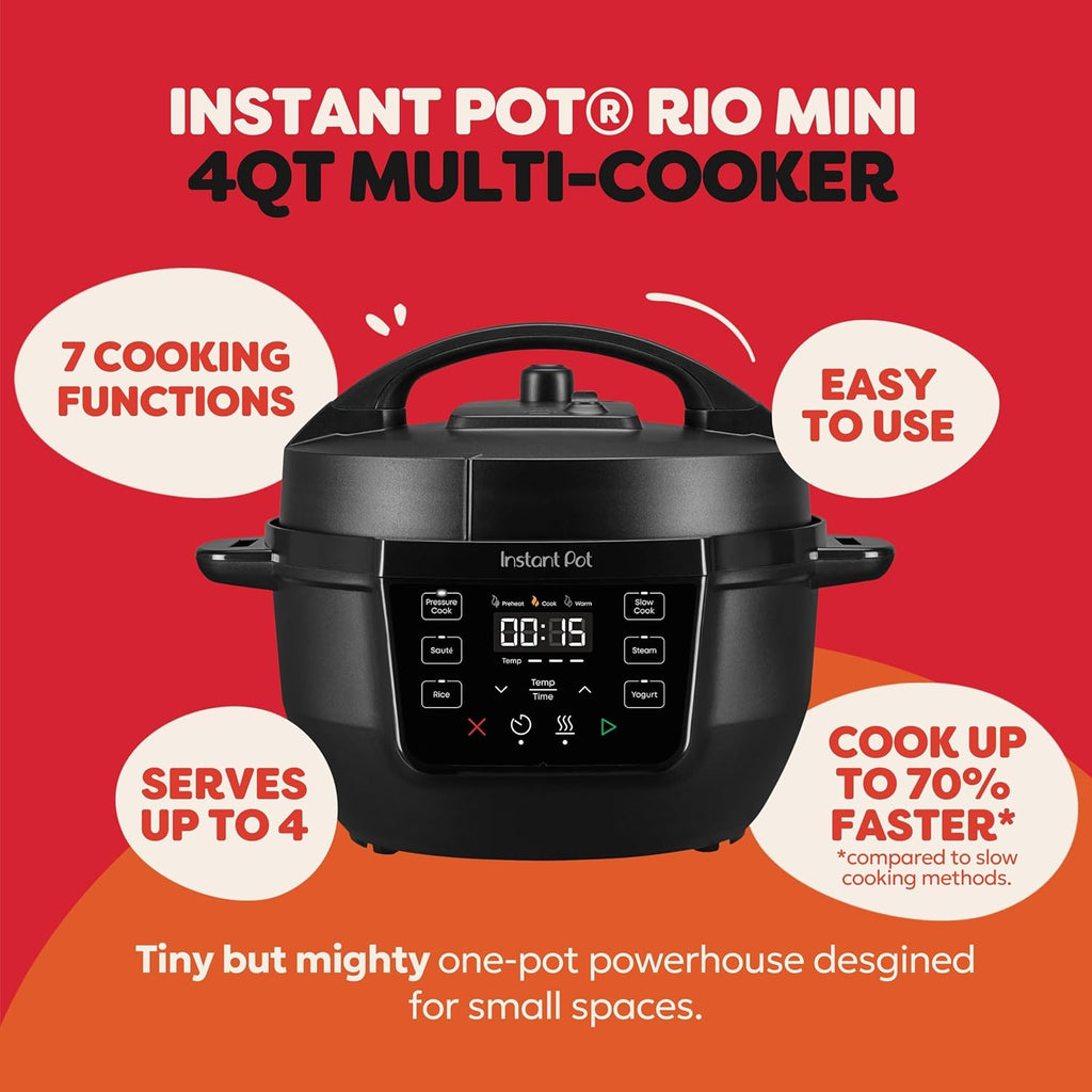 4QT RIO Mini 7-in-1 Multi-Cooker, Pressure Cooker, Slow cook, Sauté, Steam, Rice Maker, Yogurt, & Warmer, Black, 4