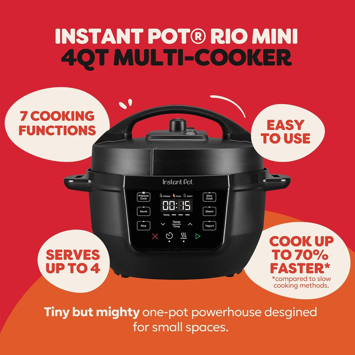 4QT RIO Mini 7-in-1 Multi-Cooker, Pressure Cooker, Slow cook, Sauté, Steam, Rice Maker, Yogurt, & Warmer, Black, 4