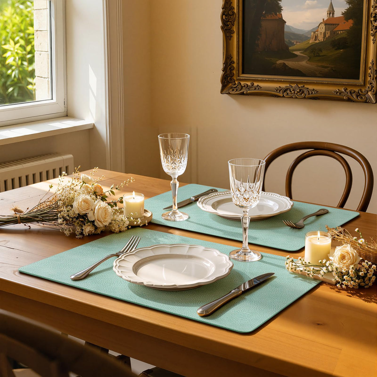 Faux Leather Vinyl Placemats Set of 8, Easy to Clean, Green