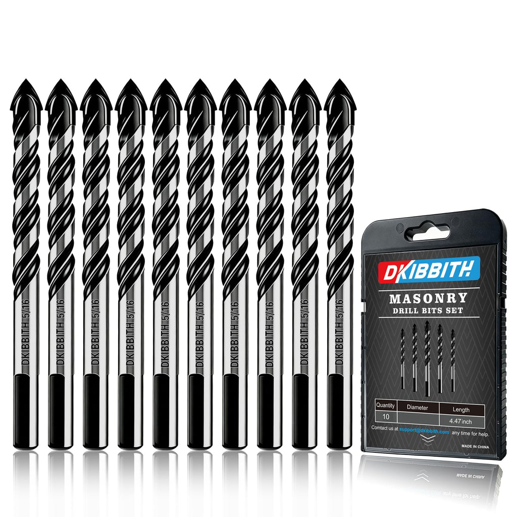 10-Piece 5/16“ Masonry Drill Bits for Tile Glass Ceramic Wall Brick Stone Soft-Metal Wood, 5/16 Inch Concrete Drill Bits Cement Drill Bit Set, 3-Flat Shank, YG8 Carbide Tungsten Steel Alloy Tip 8mm