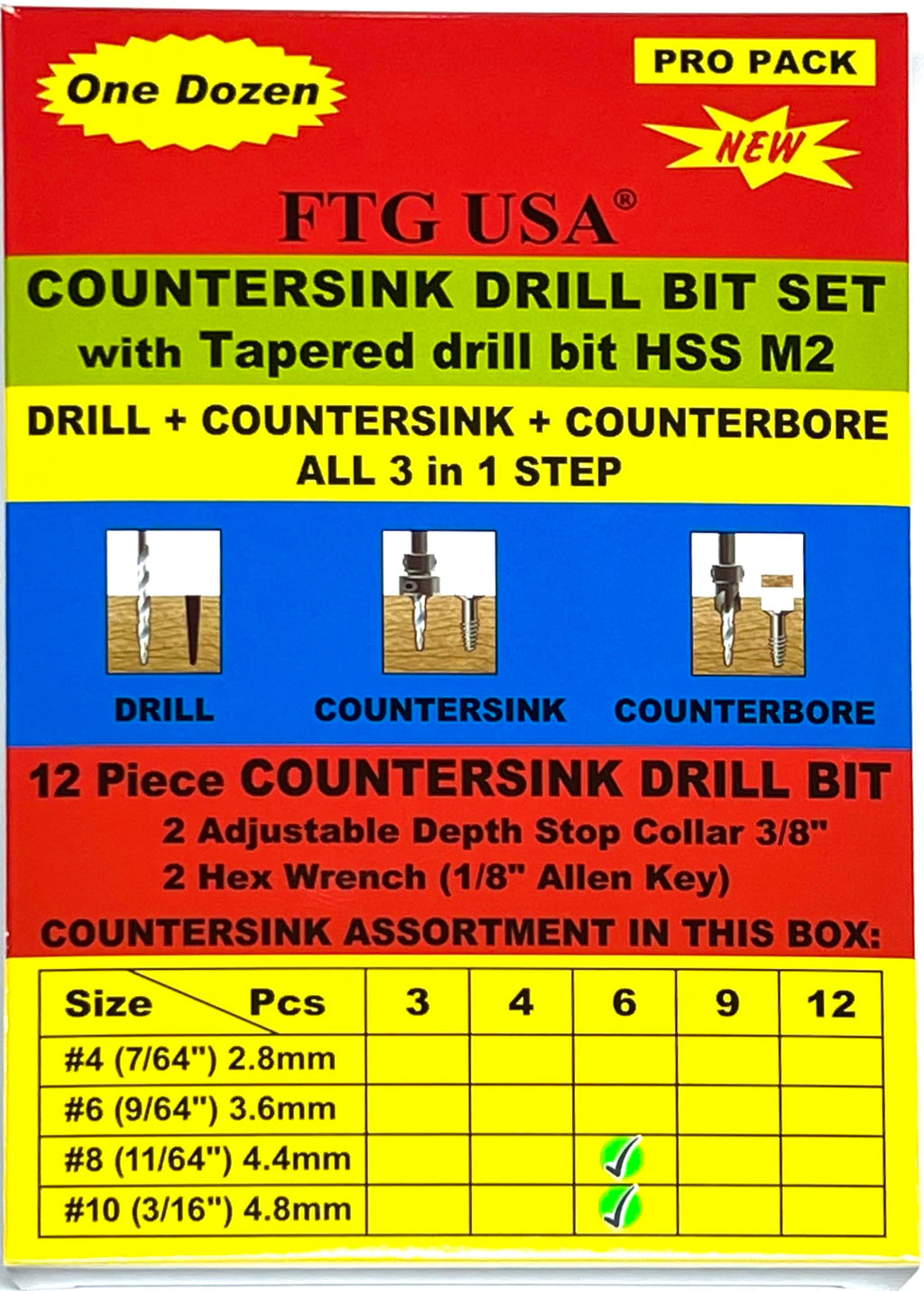 FTG USA Countersink Drill Bit Set 6 Pc #8, 6 Pc #10, Tapered Drill Bits
