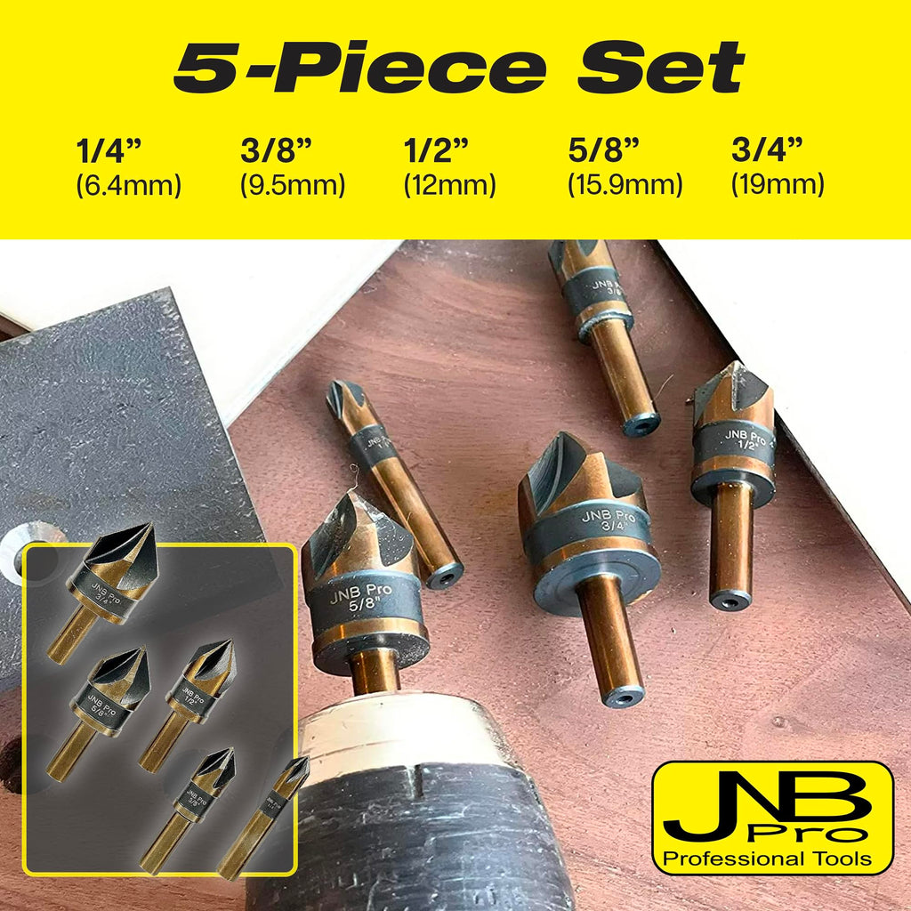 JNB Pro 5PC Countersink Bits for Steel - Sizes 1/4" 3/8" 1/2" 5/8" 3/4", Metal Working Countersinks, 5 Flute Design 82° M35 HSS 5% Cobalt Grade Bit 1/4" Shank - Ideal for Stationary or Hand Drill