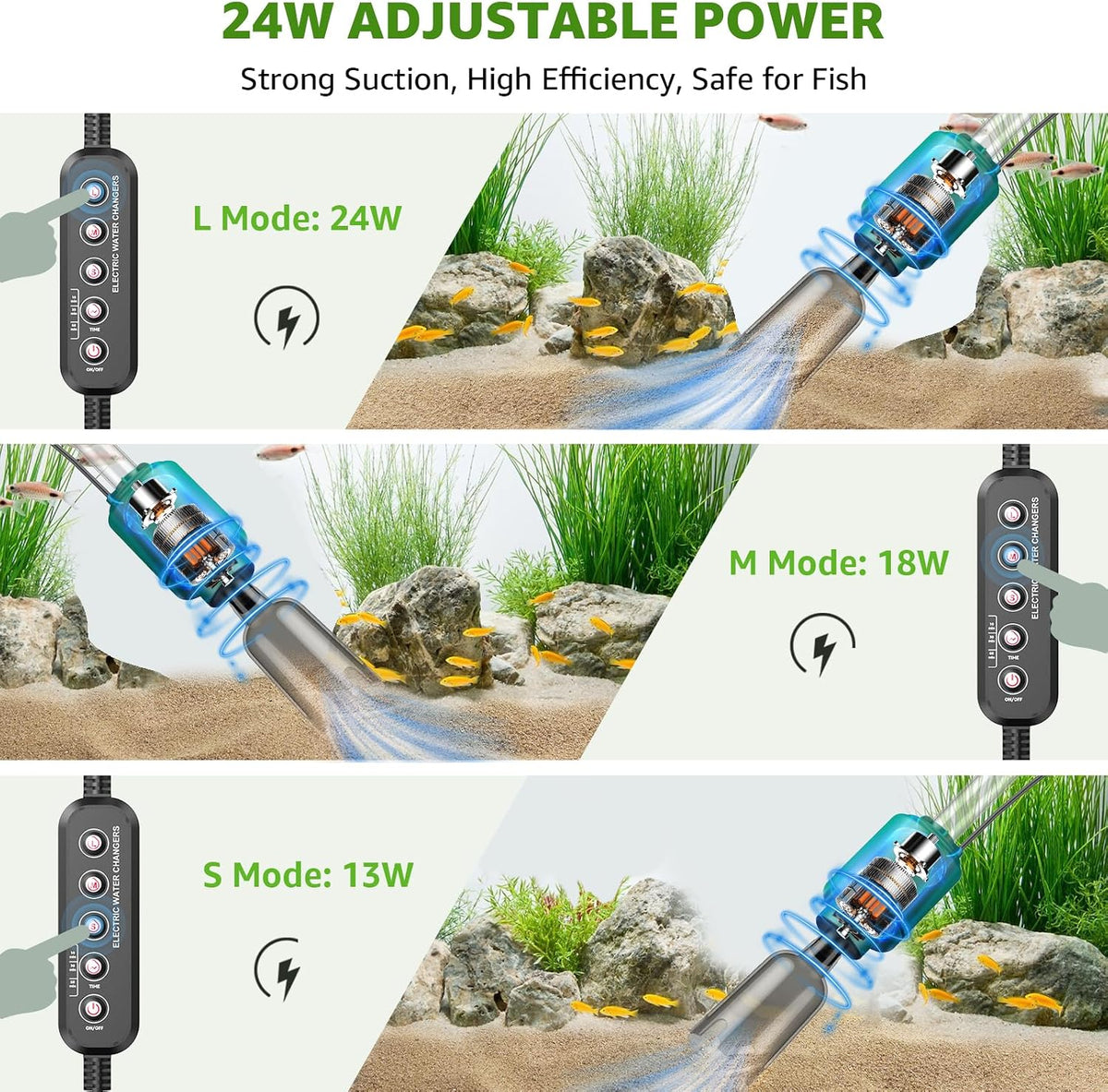 24W Aquarium Vacuum Gravel Cleaner: 8 in 1 Electric Fish Tank Cleaner