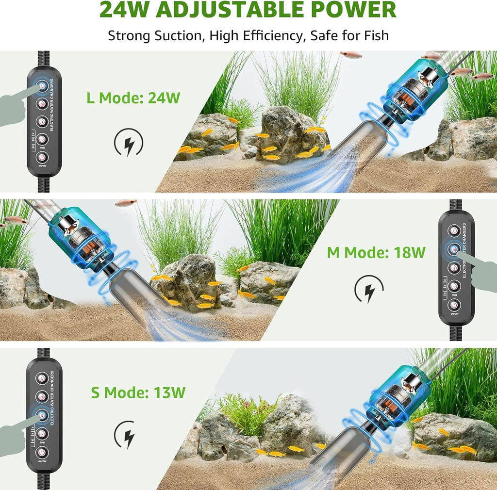 24W Aquarium Vacuum Gravel Cleaner: 8 in 1 Electric Fish Tank Cleaner