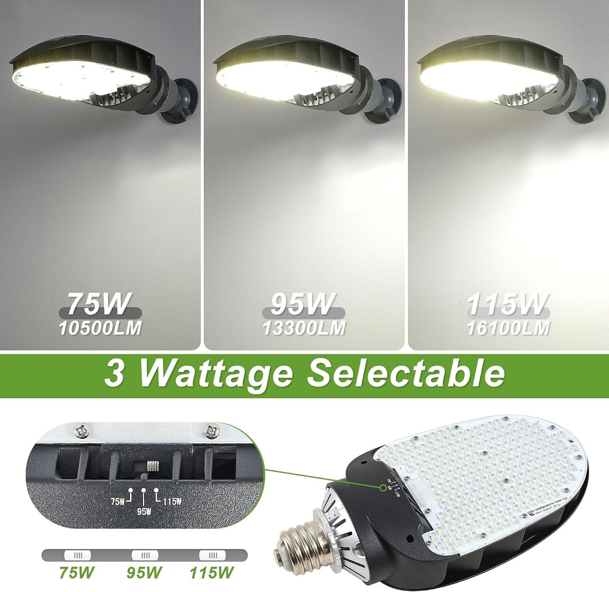 LED Shoebox Retrofit Lamp, 75/95/115W Selectable, 5000K, Rotatable E39 Base