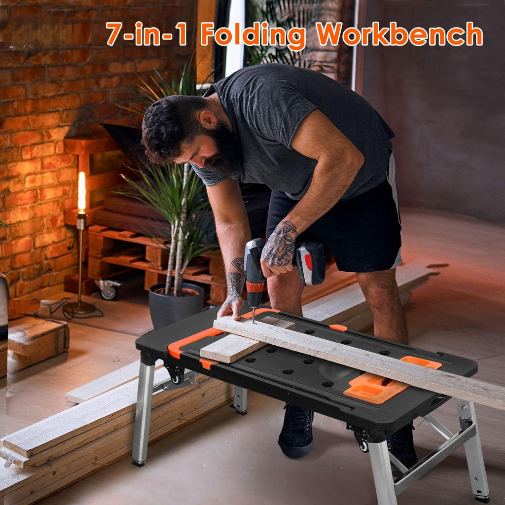 Folding Workbench, 551lbs Capacity, Adjustable Height, Portable Table, Scaffold, Sawhorse, Dolly, Hand Truck with