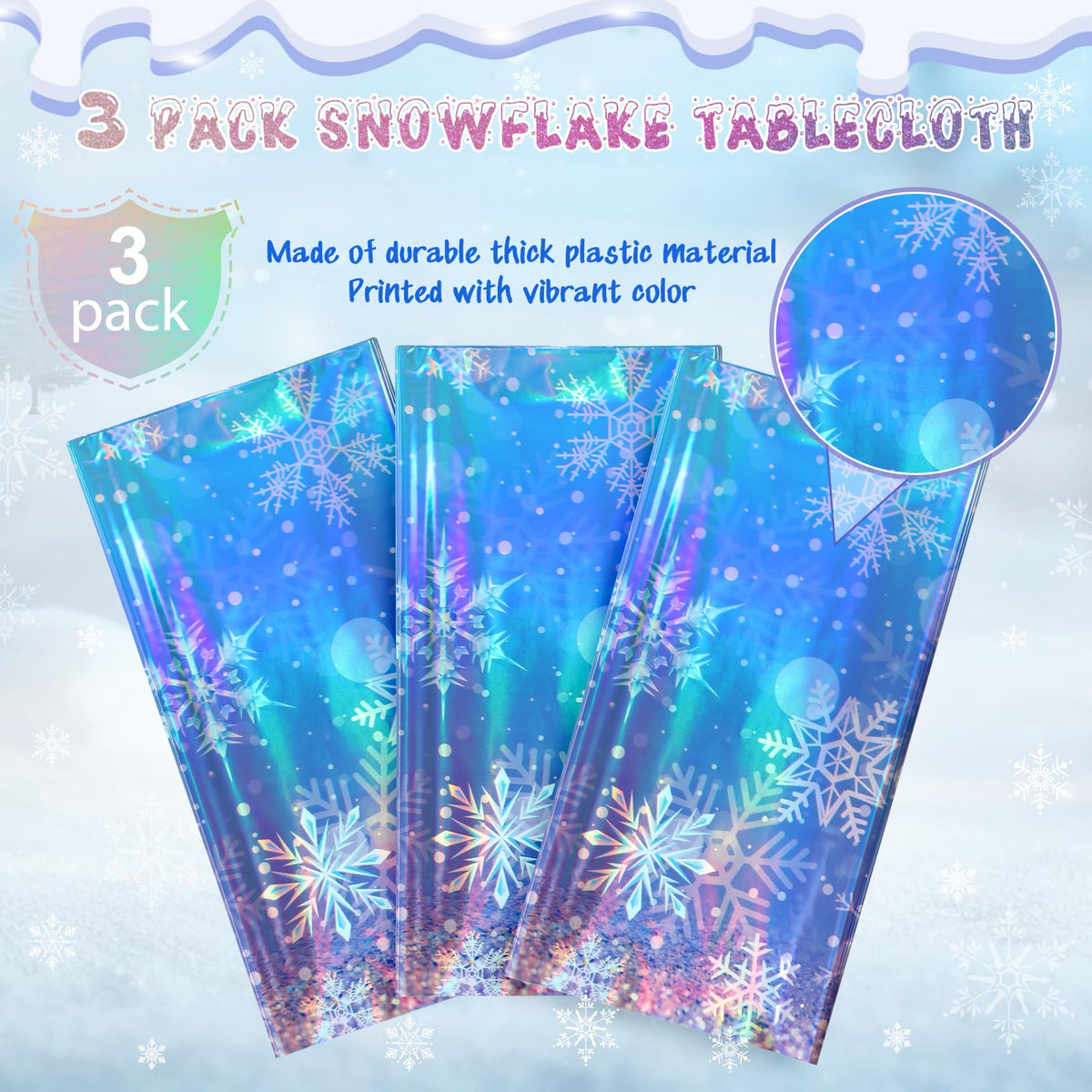 3 Pack Iridescent Winter Snowflake Plastic Tablecloth Decorations, Holographic Blue and Purple Snowflake Winter