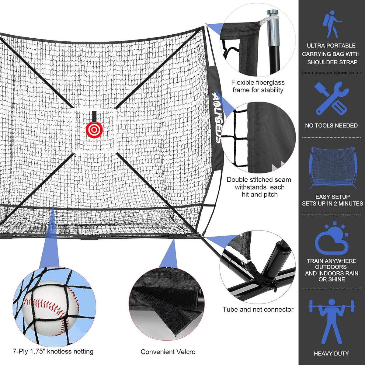 6'x6' Baseball Softball Practice Net, Batting Tee & Ball Caddy | Baseball Pitching Hitting Net with Strike Zone