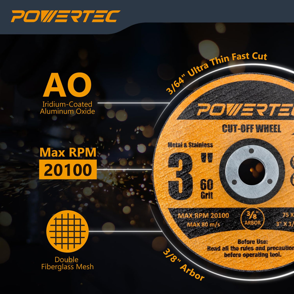 POWERTEC 3" Cut-Off Wheels, 50 PK, 3/8" Arbor (14017)
