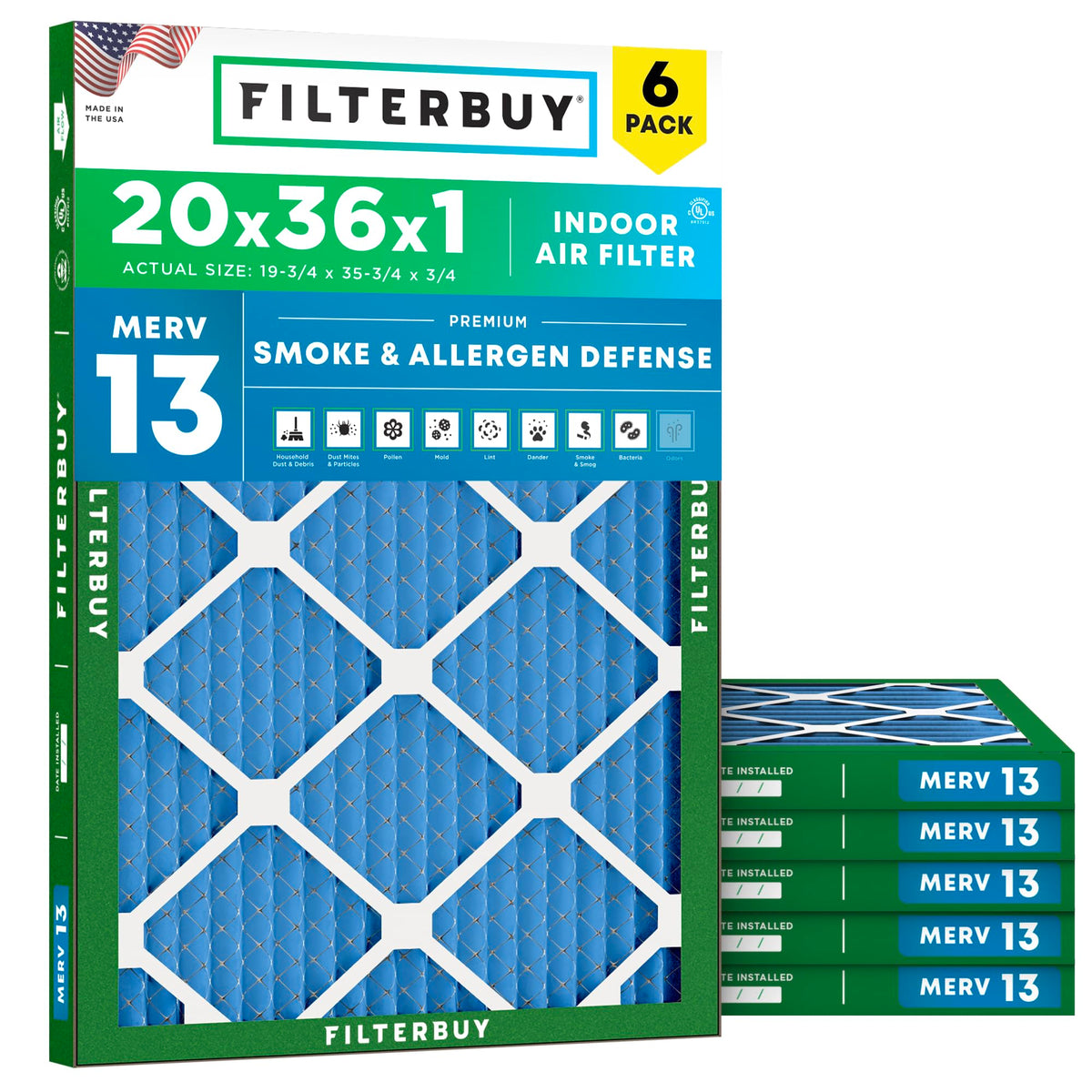 20x36x1 Air Filter MERV 13 Smoke & Allergy Defense (6-Pack)