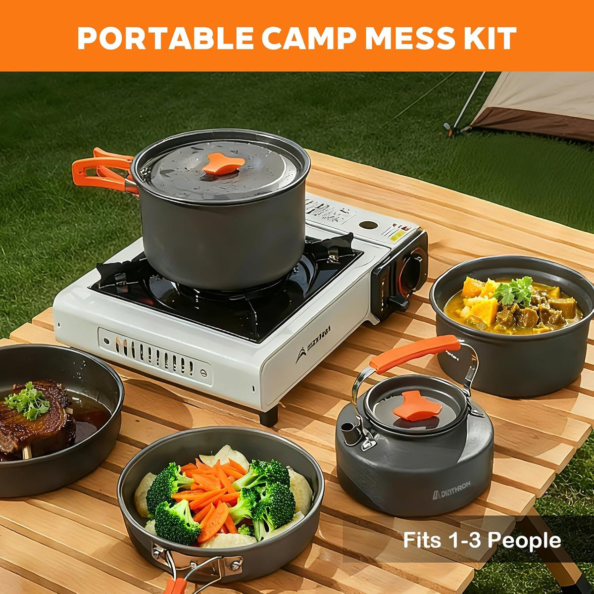10-Piece Camping Cookware Set with 2L Pot, 1.1L Kettle and Pan | Lightweight backpacking mess kit, durable