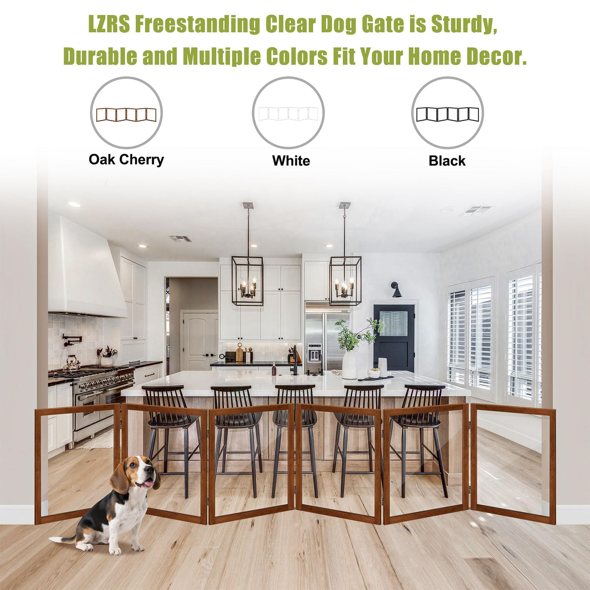 Clear Acrylic Freestanding Indoor Pet Barrier Gate with Modern Folding Frame for Wide Doorways, Hallways & Stairs