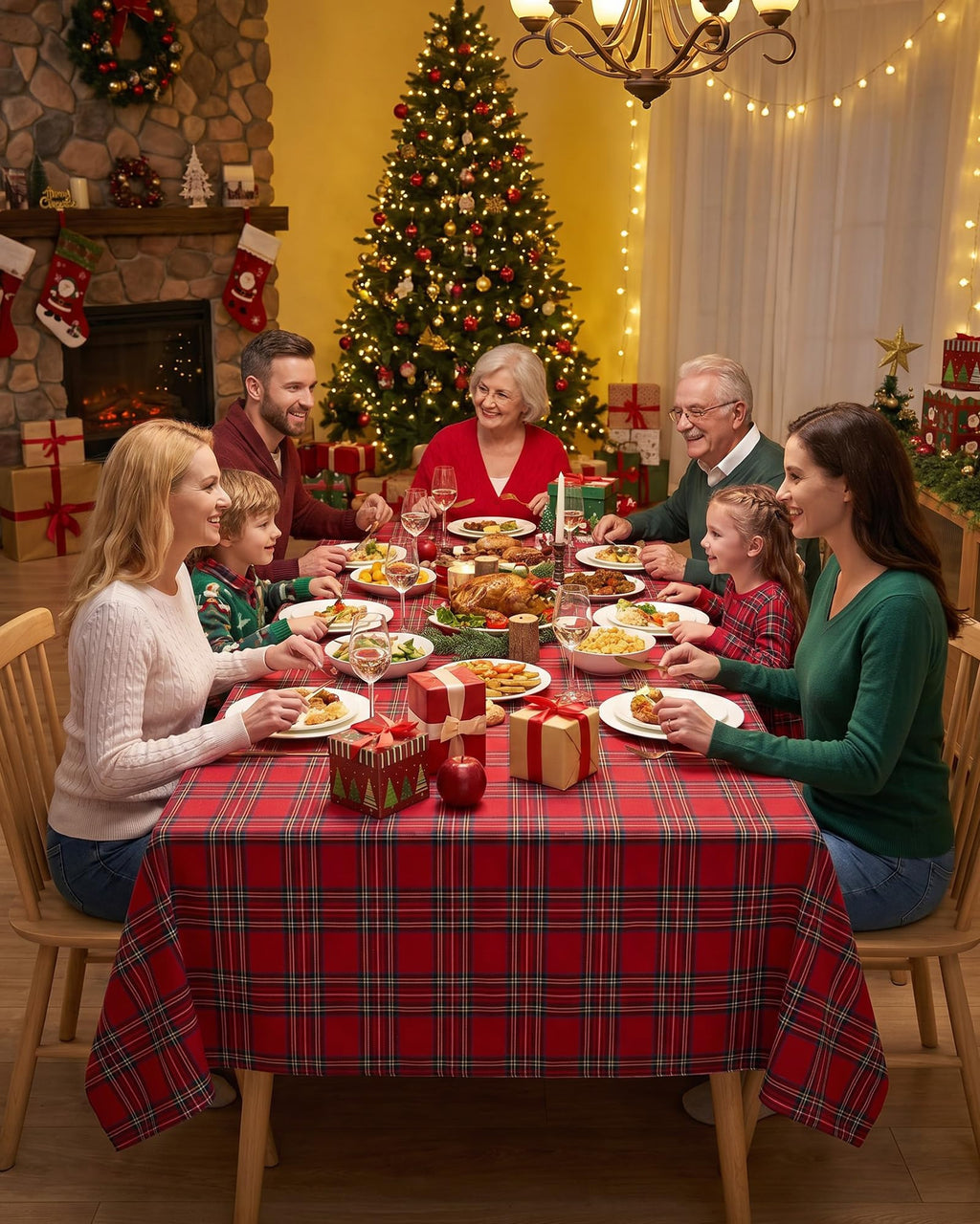 Red Christmas Tablecloth Rectangular, Tartan Plaid, 60x84 Inch