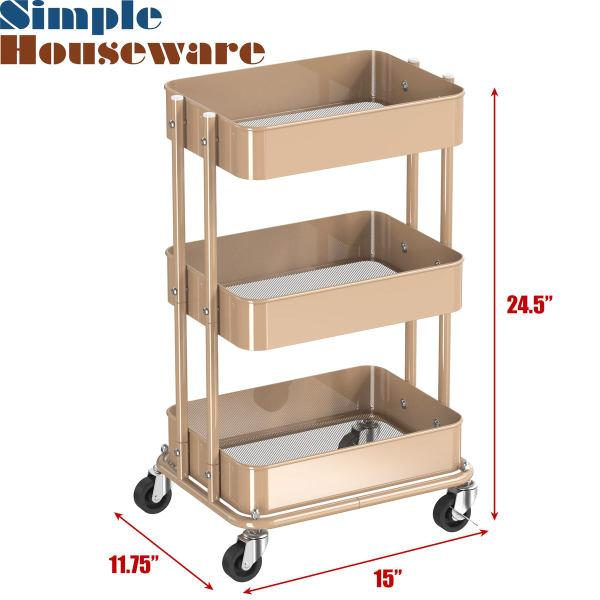 3-Tier Utility Cart, Low 24" Height Fits Under Desk, Khaki