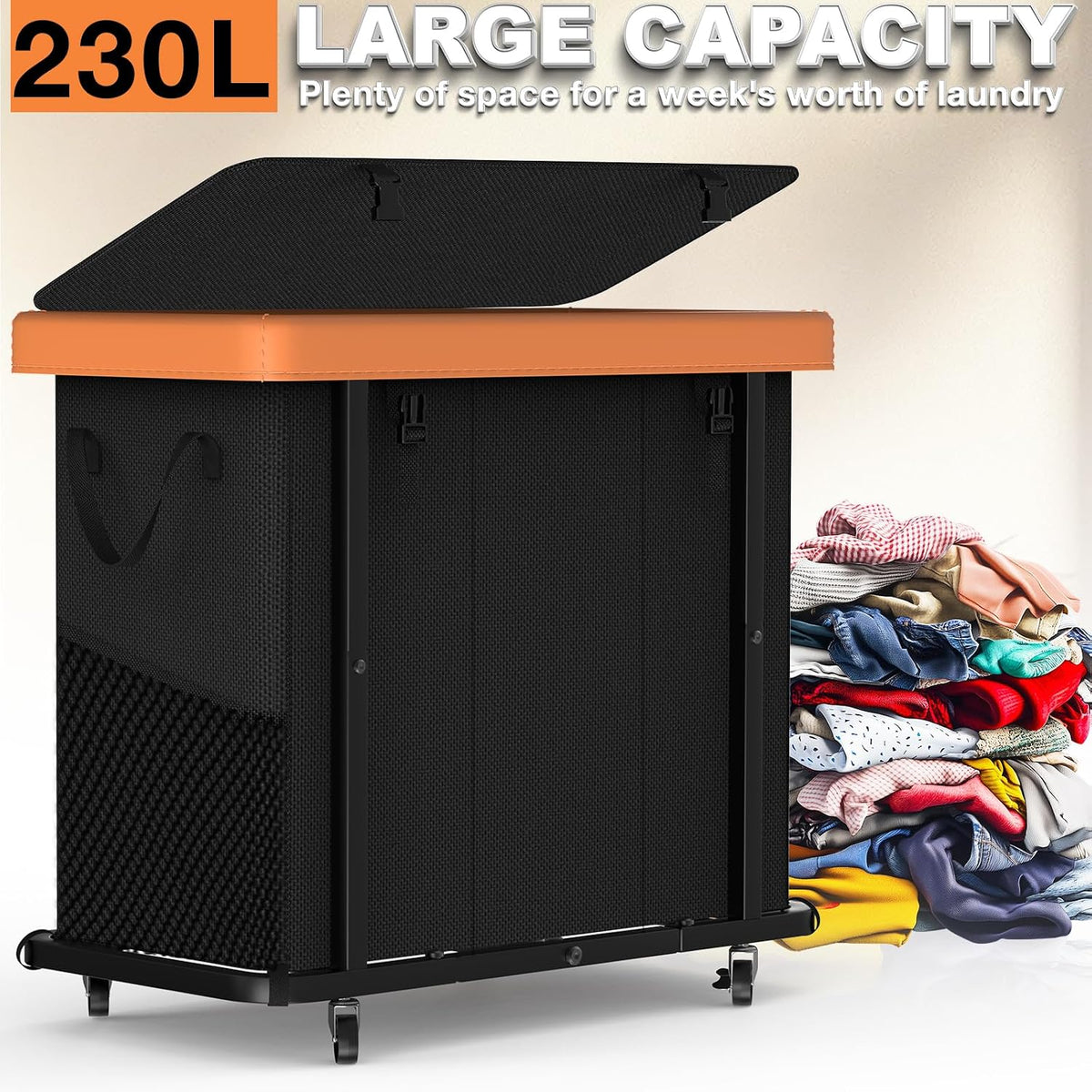 Laundry Basket with Wheels, 230L Leather Patchwork Laundry Sorter 3 Section | Sturdy Metal Frame, Removable Washable