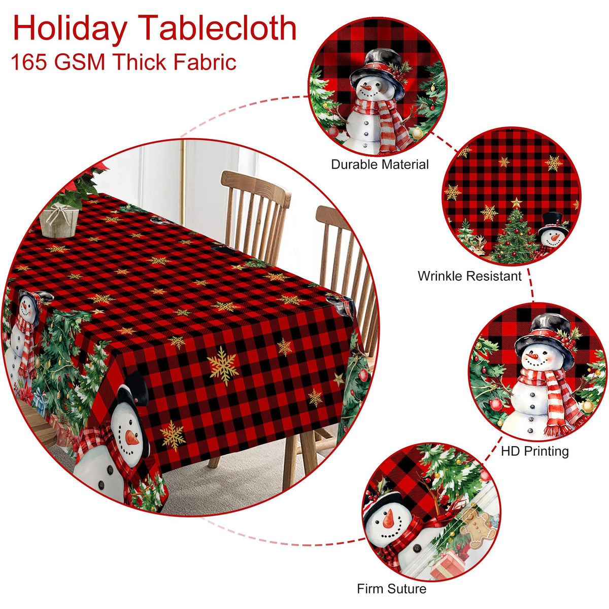 Round Christmas Tablecloth 70 Inch, Snowman Table Cloth Red Xmas Indoor Decorations for Dining Room Party