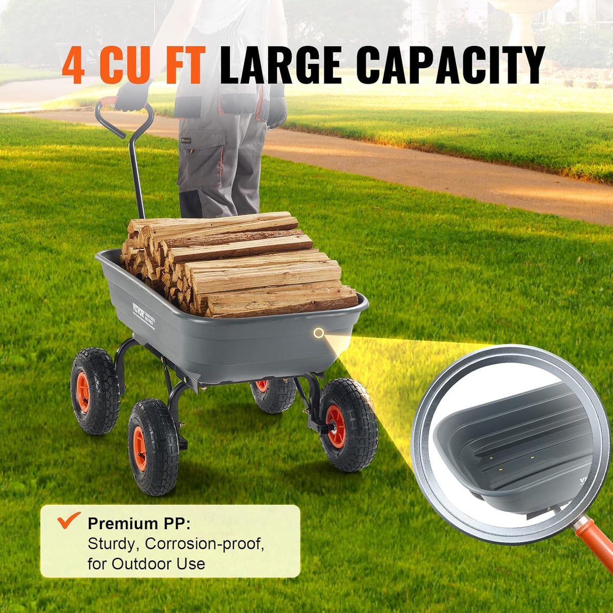 4 Cu.Ft. 600lbs Poly Garden Dump Cart, Heavy Duty 4 Wheel Wheelbarrow Yard Cart Dump Wagon with 10in All Terrain