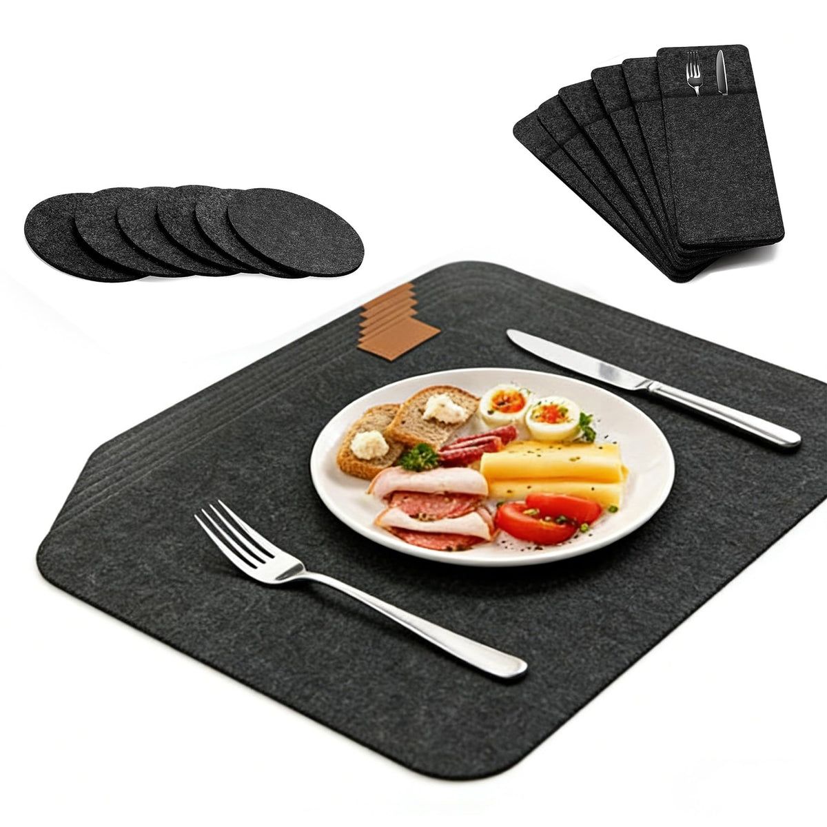 Placemats, Washable Heat-Resistant Felt Placemats, Set of 18 (6 Place Mats, 6 Coasters and 6 Knife Bags), Stain
