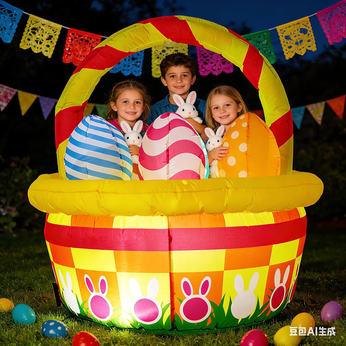 Easter Inflatables Outdoor Decorations - 5 FT Colorful Easter Basket with Eggs Yard Blow Up, LED Lighted Lawn Decor