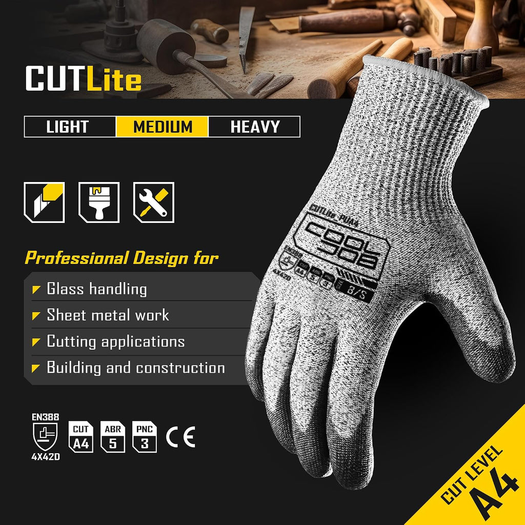Cut Resistant Safety Work Gloves with Grip, 12 Pairs, Size Medium, ANSI A4, 13 Gauge Seamless Shell with PU Coating, Gray