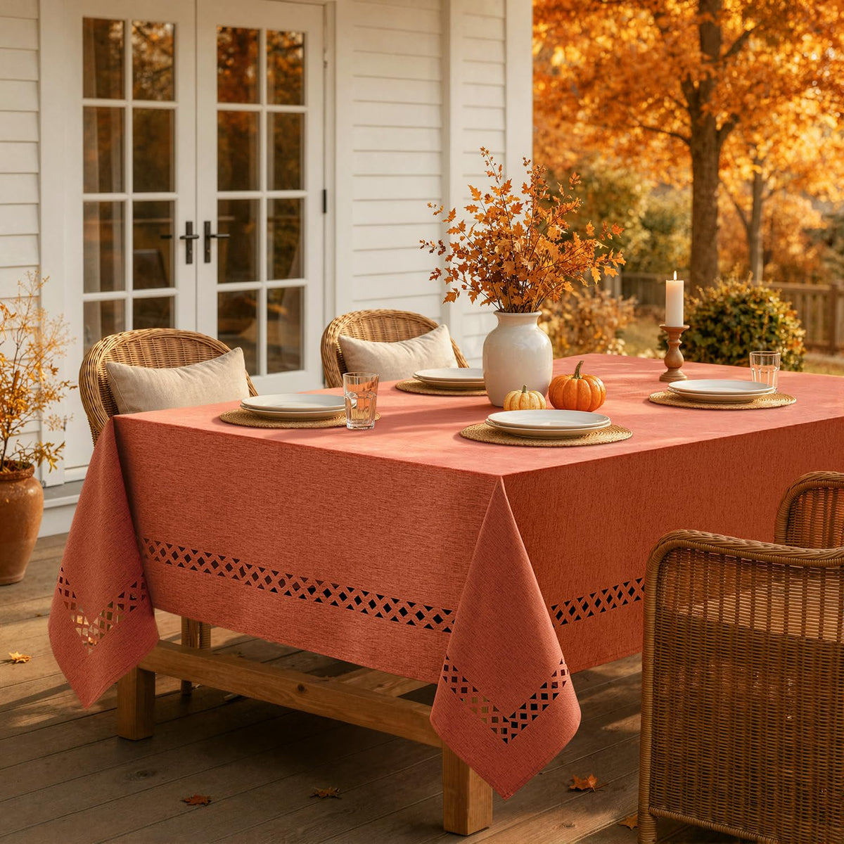Burnt Orange Fall Rectangle Tablecloth with Cutouts 60x84 Inch