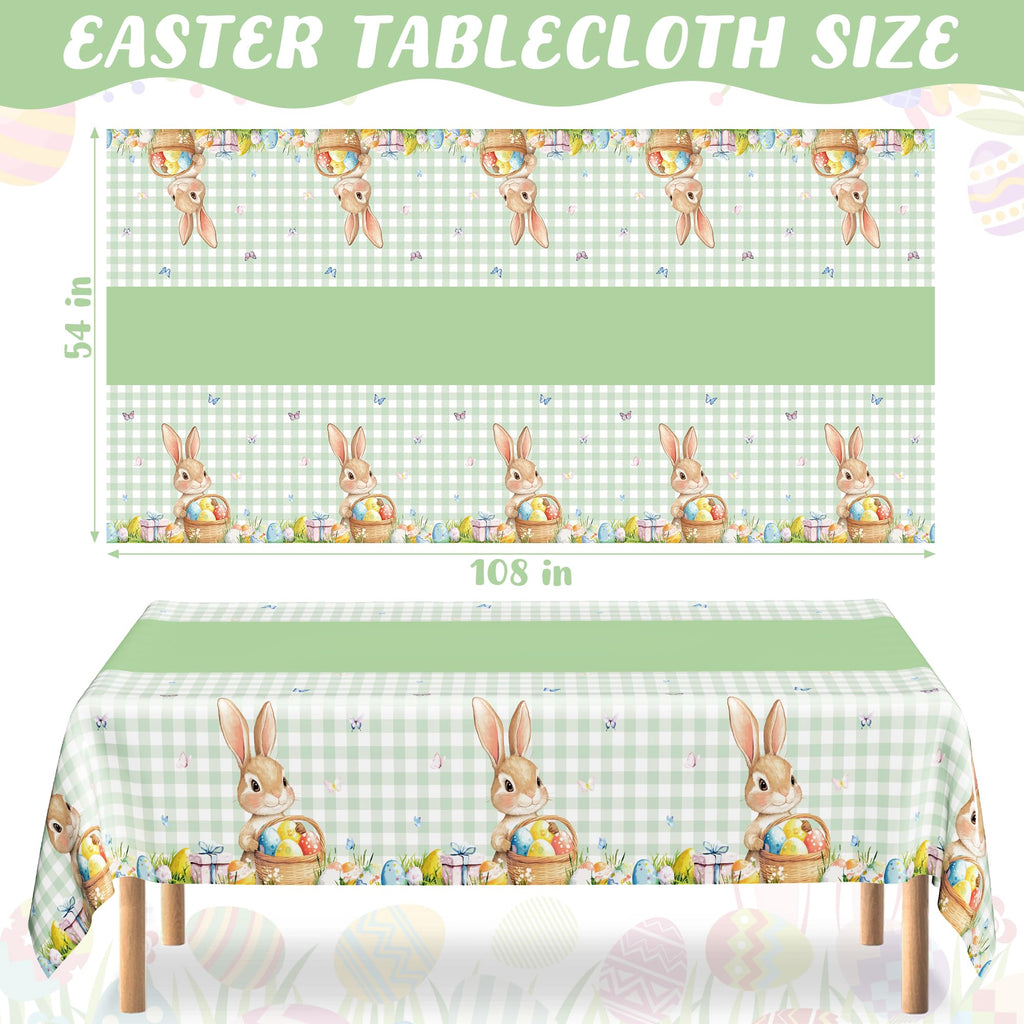 3 Pack Easter Tablecloths, 54" x 108" Disposable Easter Decorations, Sage Green Bunny Plaid Spring Tablecloth