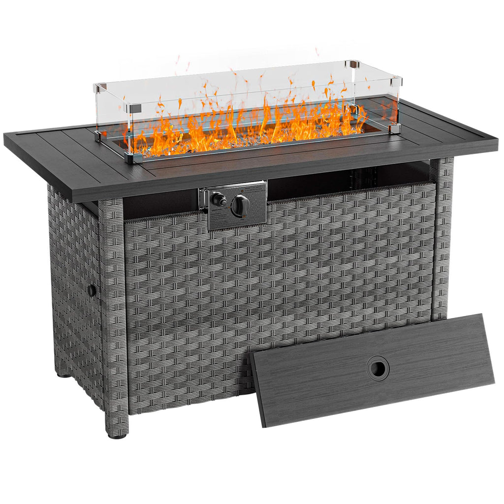 44" Fire Pit Table with Wind Guard for Outdoor, Auto-Ignition Propane Gas Firepits Rattan Rectangular Table for