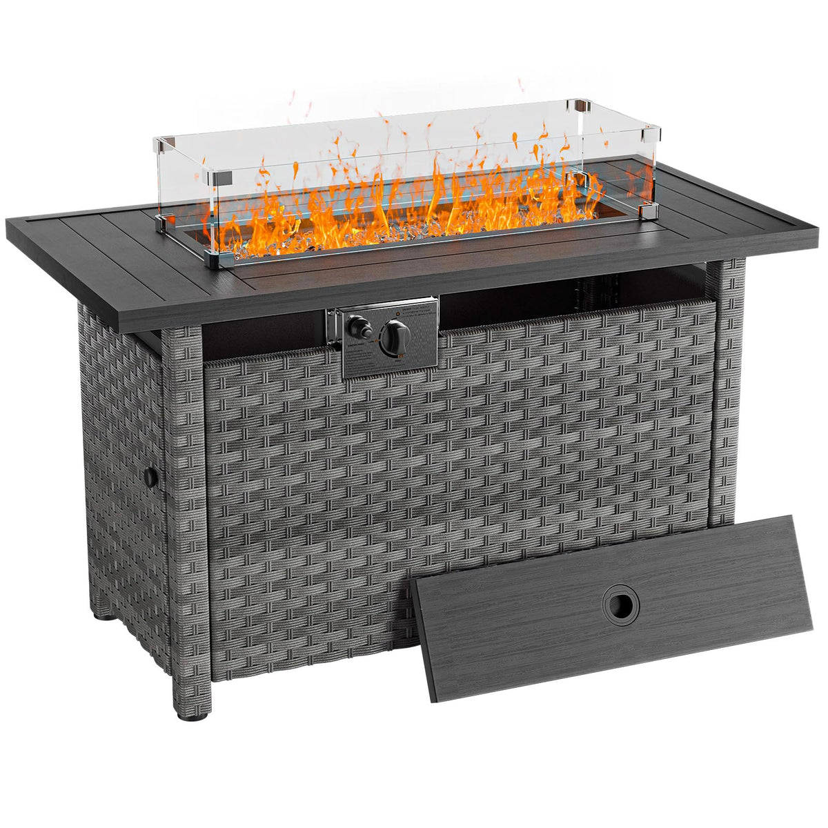 44" Fire Pit Table with Wind Guard for Outdoor, Auto-Ignition Propane Gas Firepits Rattan Rectangular Table for