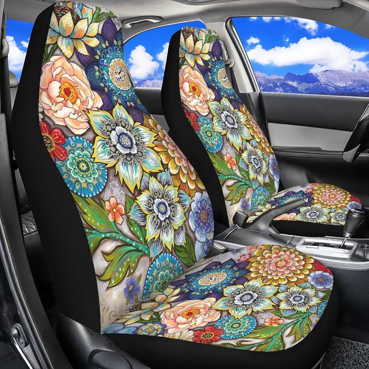 Boho Floral Front Car Seat Covers Set of 2 for Women, Universal Fit Bucket Seat Protectors for Cars, SUVs, Sedans and