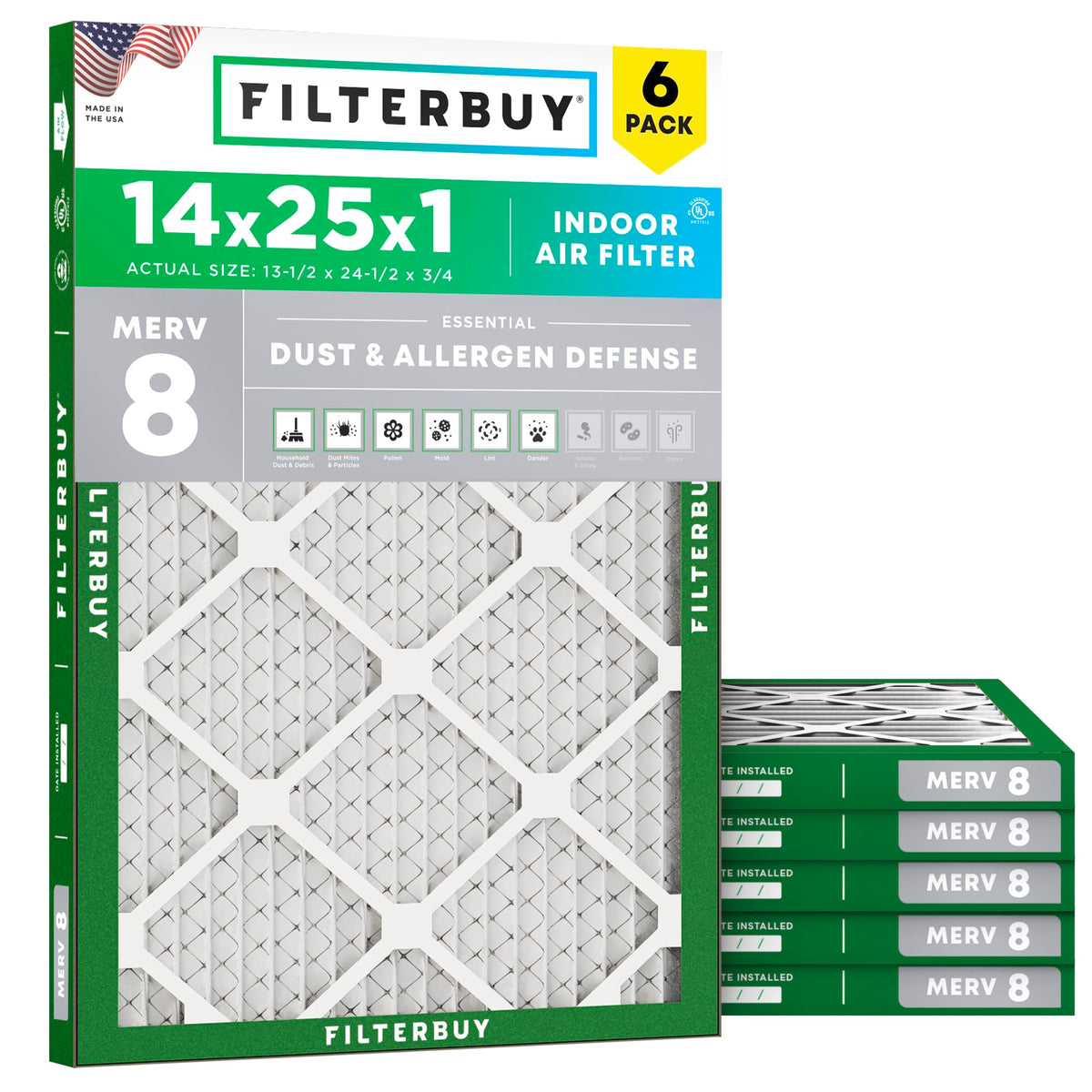 14x25x1 Air Filter MERV 8 Dust & Allergy Defense (6-Pack)