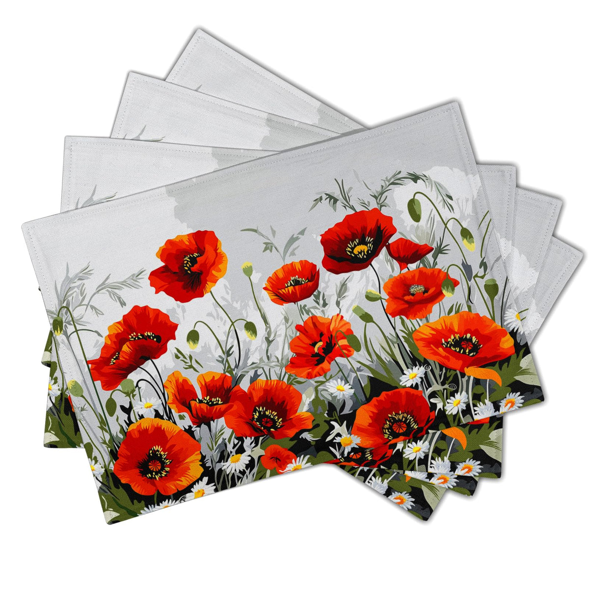 Poppy Flowers Placemats Set of 4, 12"x18" Rustic Red Orange Floral Linen Place Mat, Spring Summer Washable Non-Slip