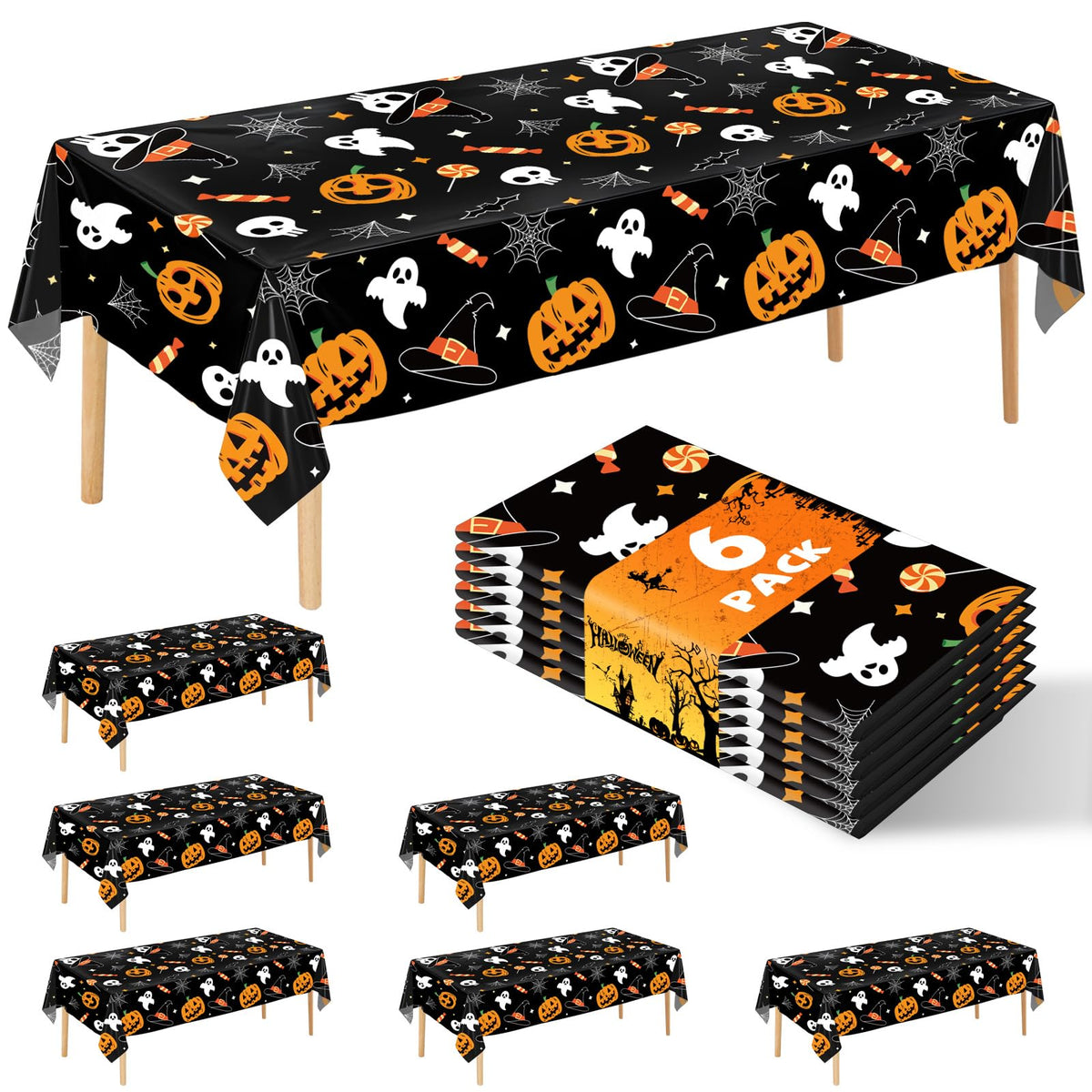 6 Pack Halloween Tablecloth, 54" x 108" Rectangular Plastic Halloween Pumpkin Ghost Table Cloth Large Size Halloween