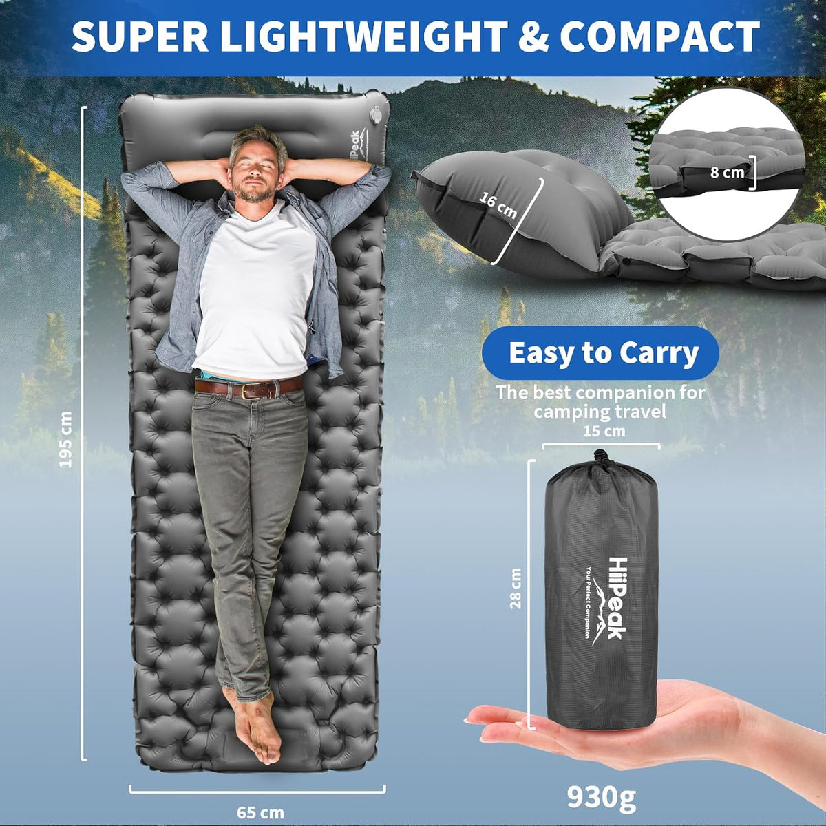 Sleeping Pad for Camping- Ultralight Inflatable Sleeping Mat with Built-in Foot Pump & Pillow, Upgraded Compact