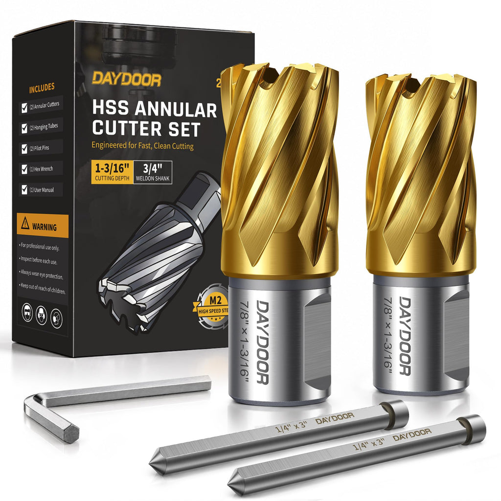 DAYDOOR 7/8'' HSS Annular Cutter, TiN Coated, 1-3/16'' Cutting Depth, 2pcs