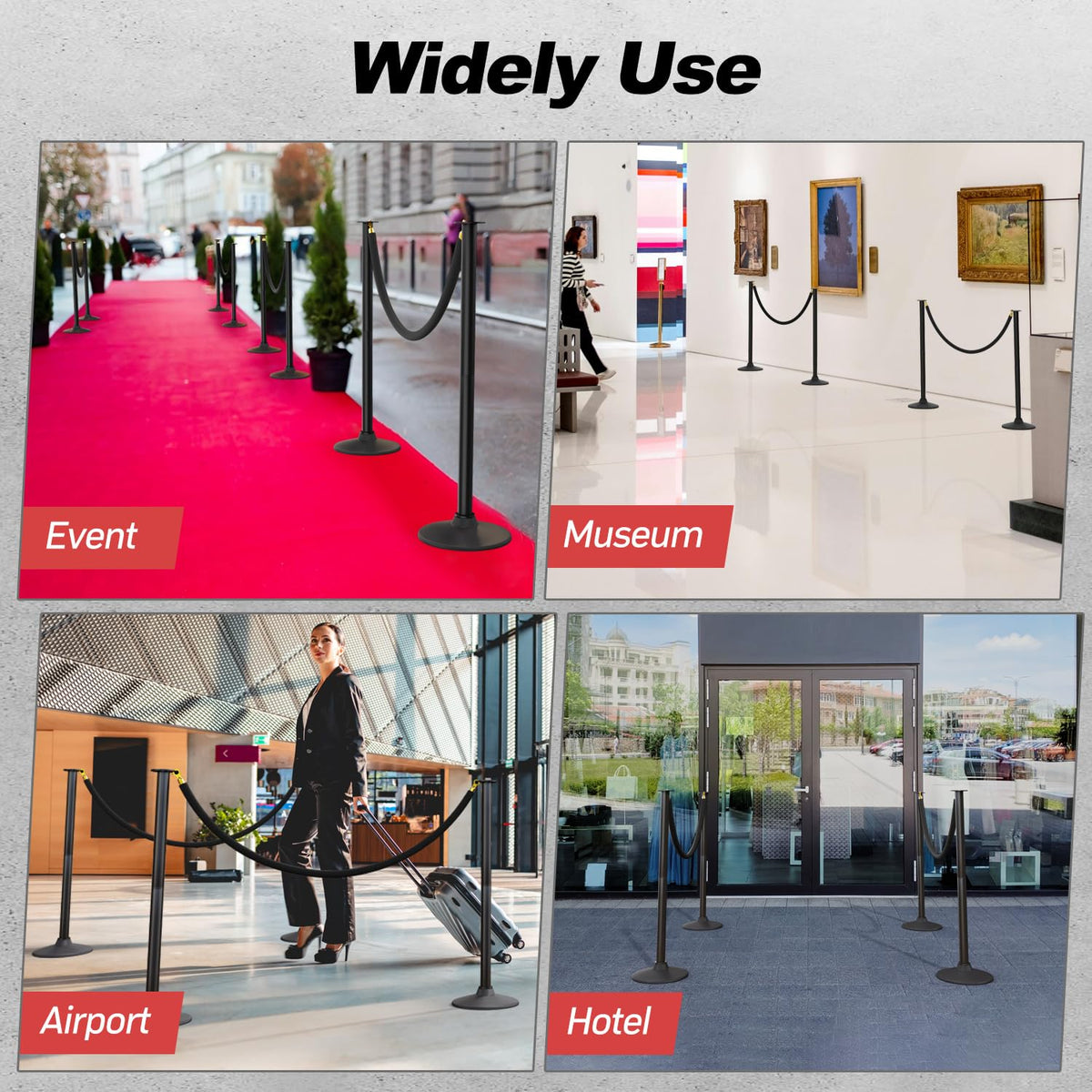 4 Pack Plastic Stanchion Posts, 3 Black Velvet Ropes, Crowd Control