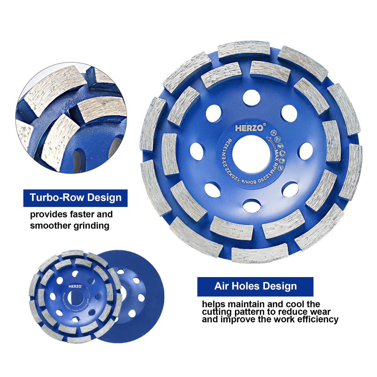 HERZO Diamond Concrete Grinding Wheel 5 inch,Double Row Diamond Cup Wheel for Polishing and Cleaning Stone Concrete Surface, Cement, Marble, Granite, and Thinset Removing(125mm)