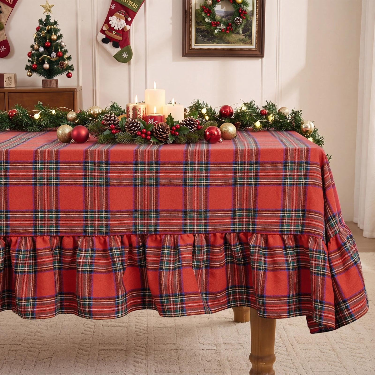 Christmas Plaid Ruffled Tablecloth Rectangle, 60x84 Inch Red