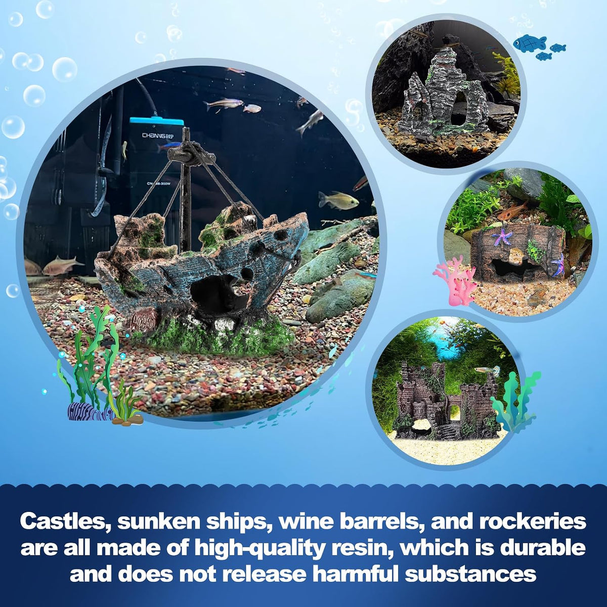 14 Pcs Aquarium Decorations Large Kit，Castle Fish Tank Bubbler Decorations，Starfish Barrel, Resin Cave Rock,Resin