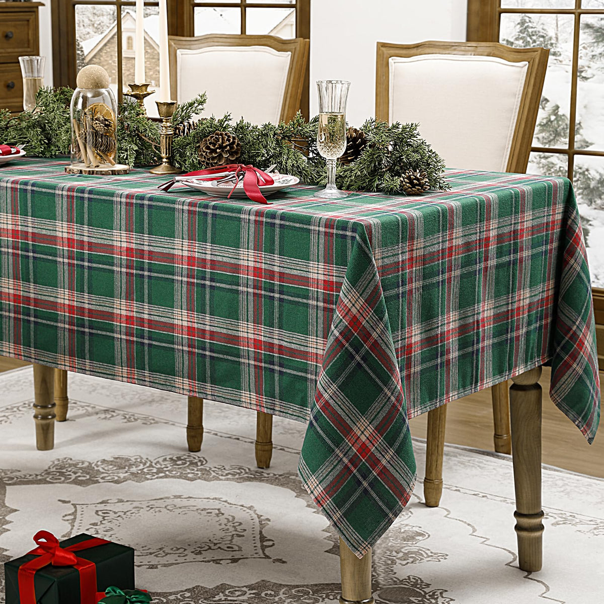 Christmas Checkered Tablecloth Rectangle, 54 x 80 Inch, Green