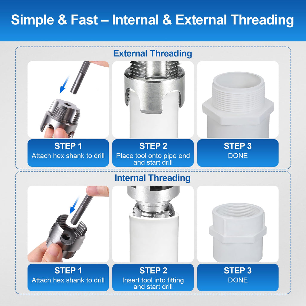 3 Pcs PVC Pipe Threader Kit – Integrated Internal & External Threading Tool