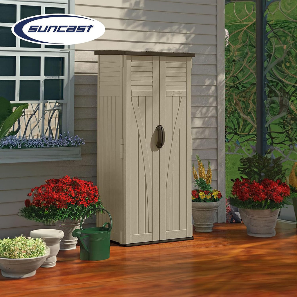 Vertical Shed, Compact Outdoor Storage System, 22 Cu. Ft. Capacity, Sand & Mustang - Lockable Multi-Wall Resin