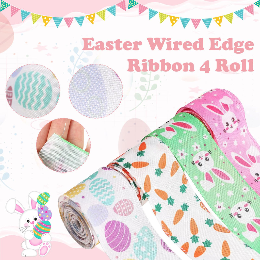4 Rolls Easter Ribbon Wired,Easter Eggs, Carrots, Rabbits Ribbon,2.5 Inch 15 Yards Wrapping Fabric Spring Colorful