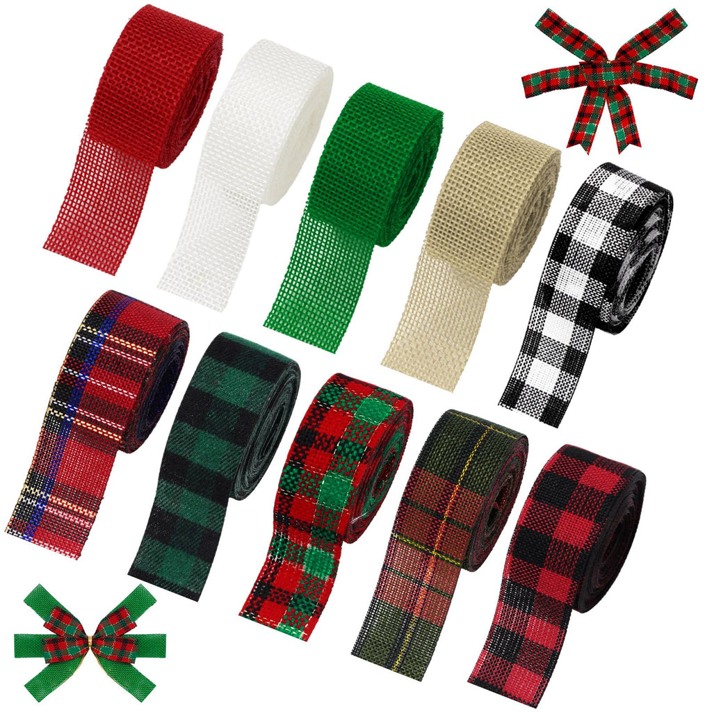 10 Rolls 50 Yards Christmas Burlap Ribbon Rolls 1 Inch Wired Plaid Wrapping Ribbons Xmas Decorative Ribbon for Wreath