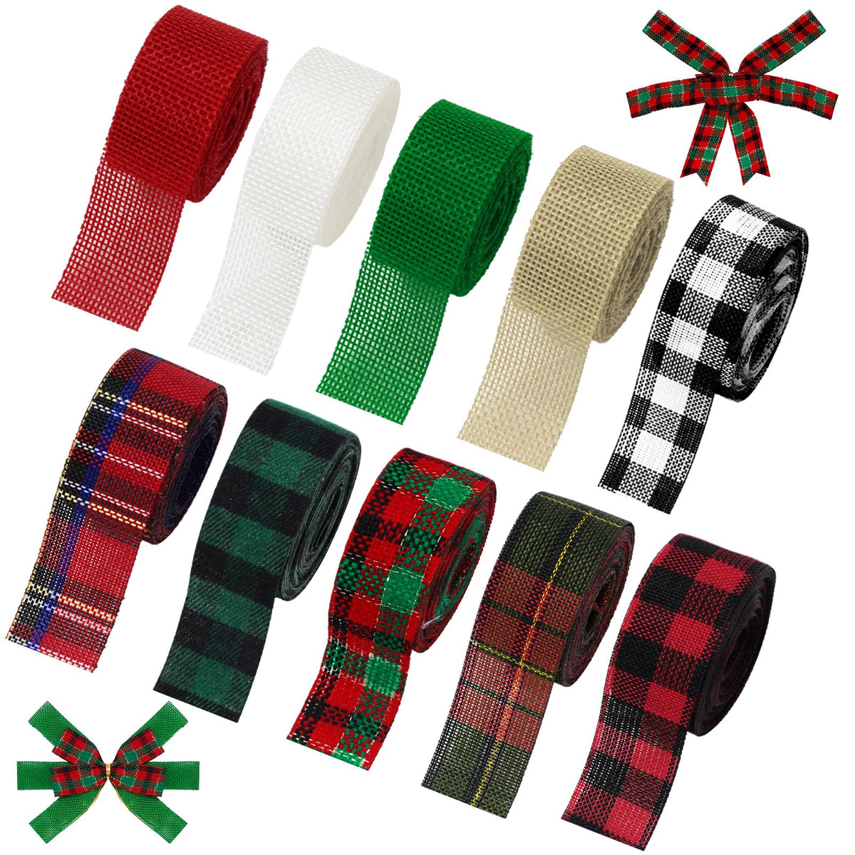 10 Rolls 50 Yards Christmas Burlap Ribbon Rolls 1 Inch Wired Plaid Wrapping Ribbons Xmas Decorative Ribbon for Wreath