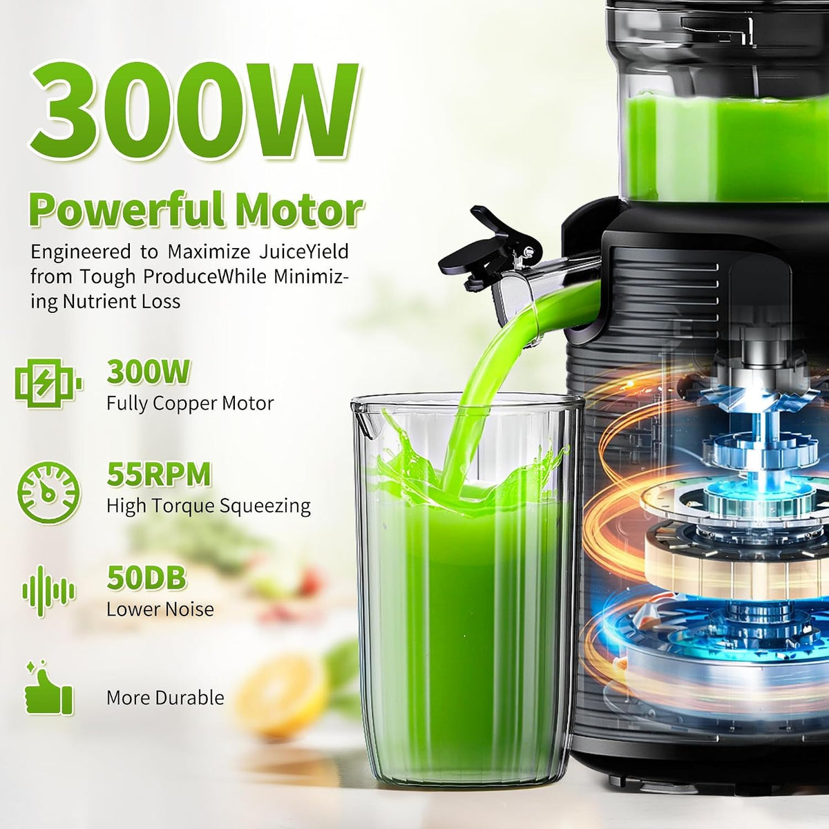Cold Press Juicer, 5.1 Inch Wide Chute Slow Masticating Extractor | 1.7 L Slow Juice Extractor for Whole Fruits