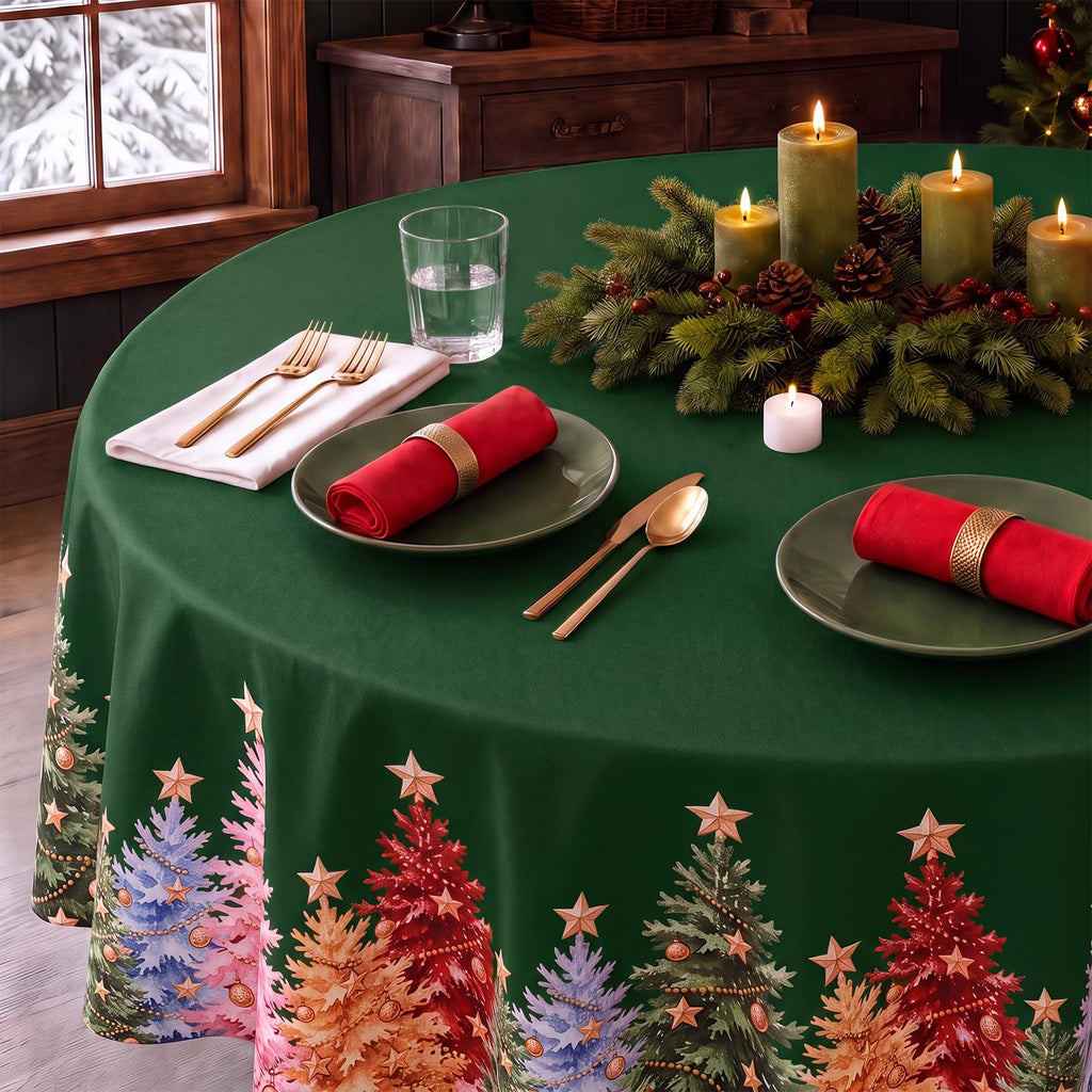 Green Christmas Round Tablecloth Xmas Tree Holiday Decor, 70 Inch